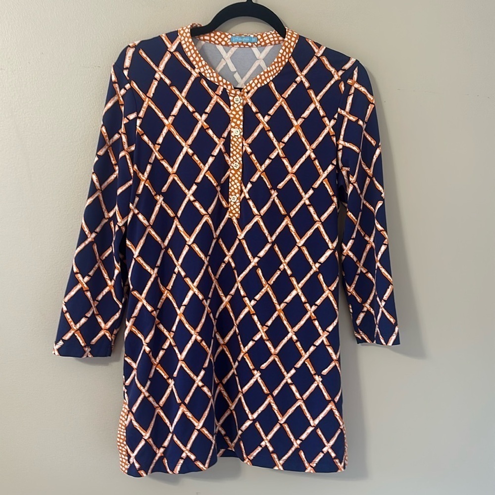J. McLaughlin Womens Catalina Cloth Bamboo Print Tunic Henley Sz Medium Preppy